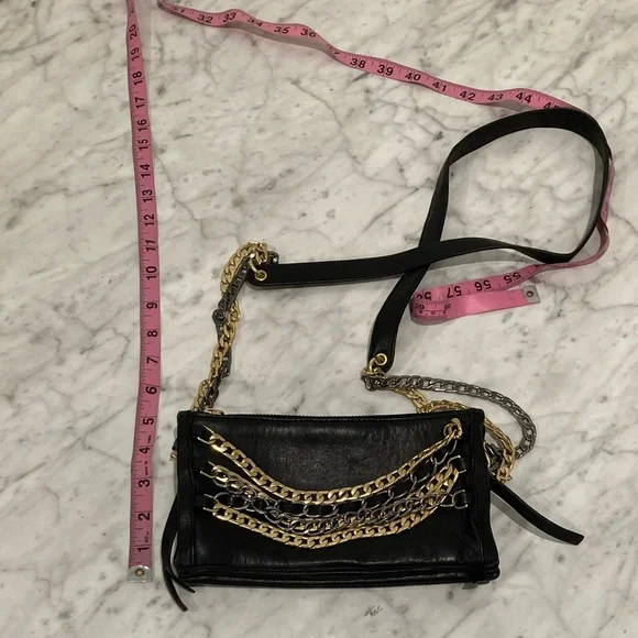 ASH Black Leather Convertible Cross Body Purse Gold Silver Chain - Picture 13 of 14